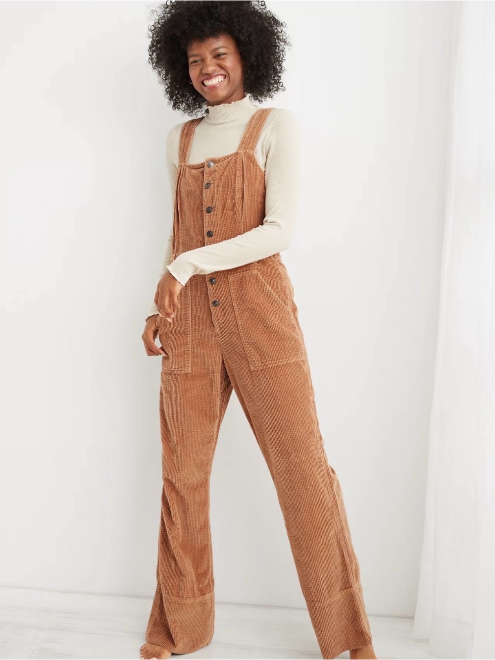 Aerie Brown Corduroy Wide Leg Utility Jumpsuit Overalls Small S/P 100% Cotton
